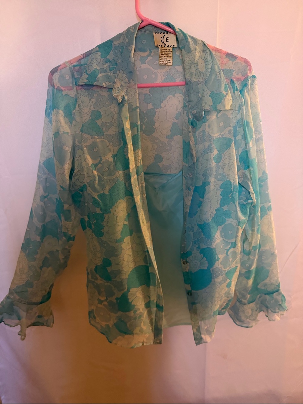 Sheer Floral Button-Up Top in Aqua Green with satin camisole